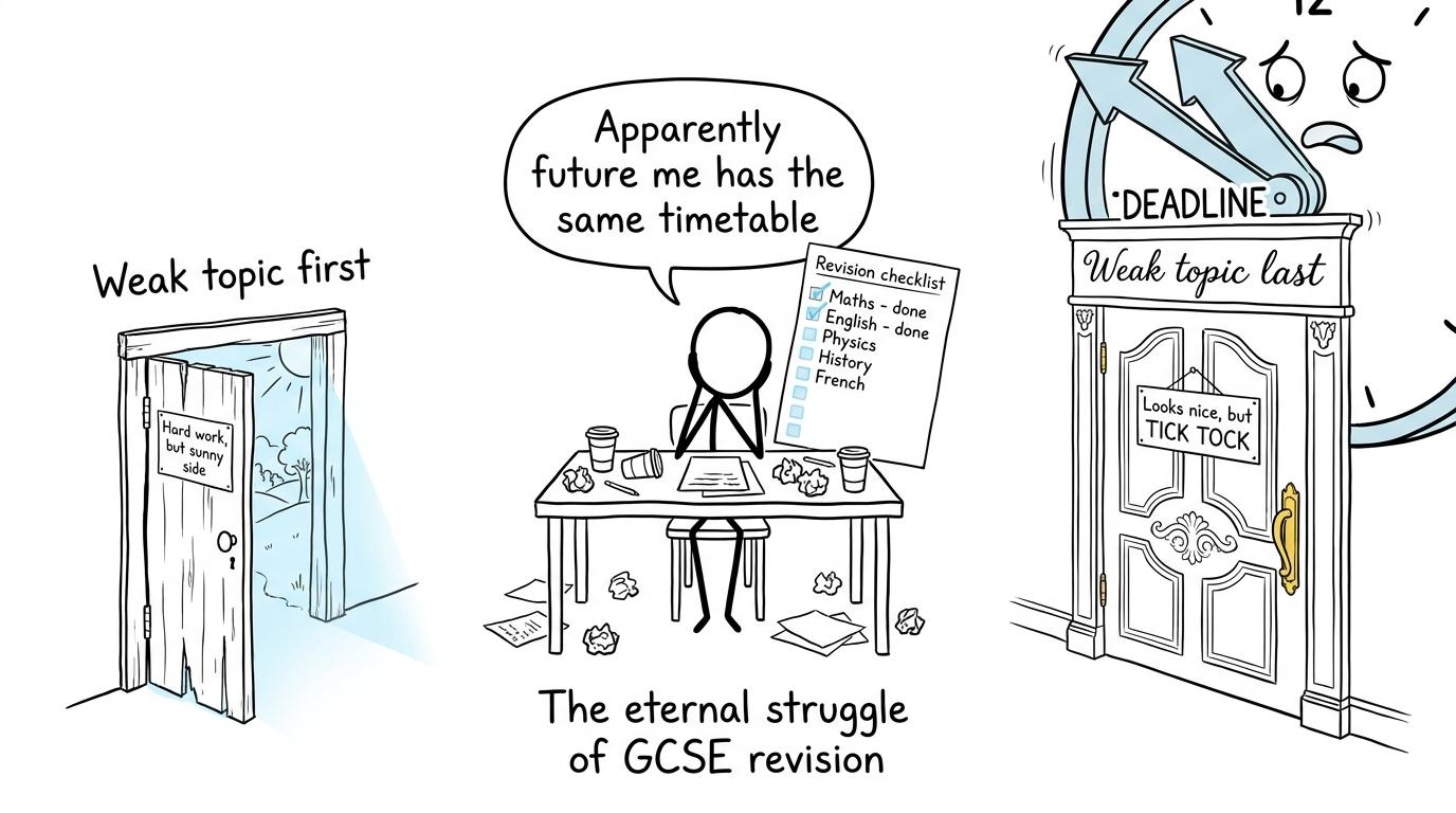 A student choosing between revising a weak topic first and leaving it for later