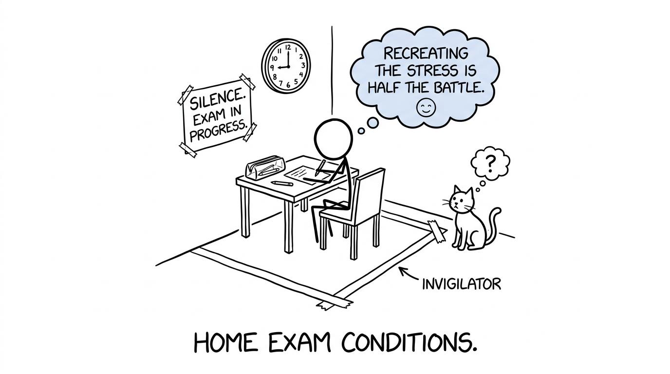 A student creates an excessively serious one-person exam hall at home while a cat acts as invigilator