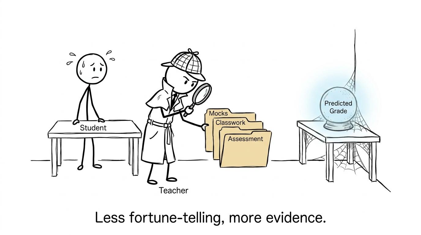 A teacher detective considers assessment evidence while ignoring a crystal ball