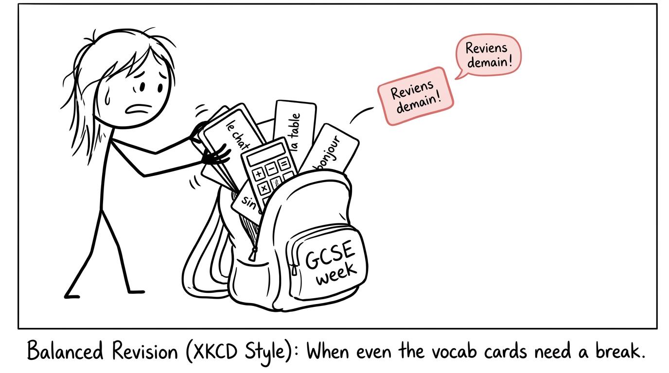 A GCSE revision backpack overflowing with French cards and a calculator