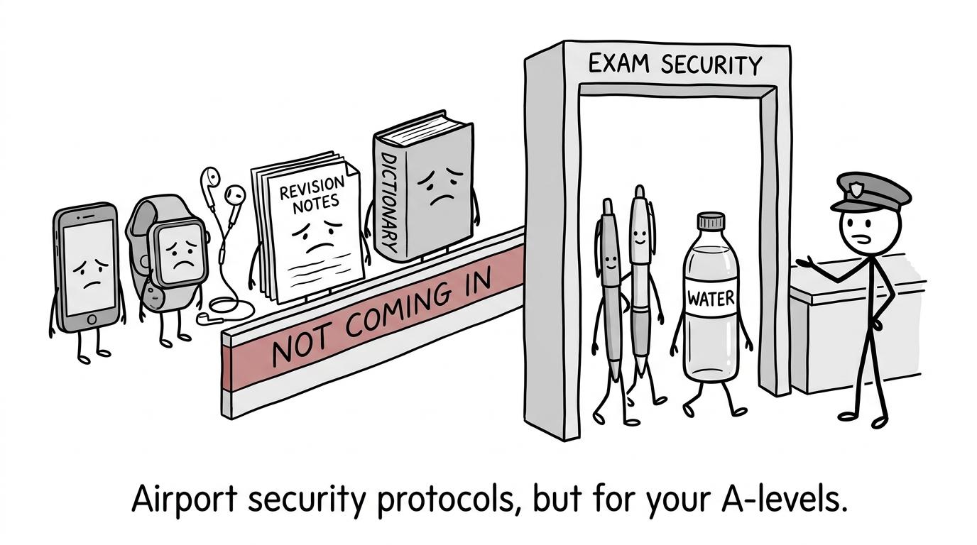 Exam stationery passes through an imaginary airport while banned technology waits behind the barrier