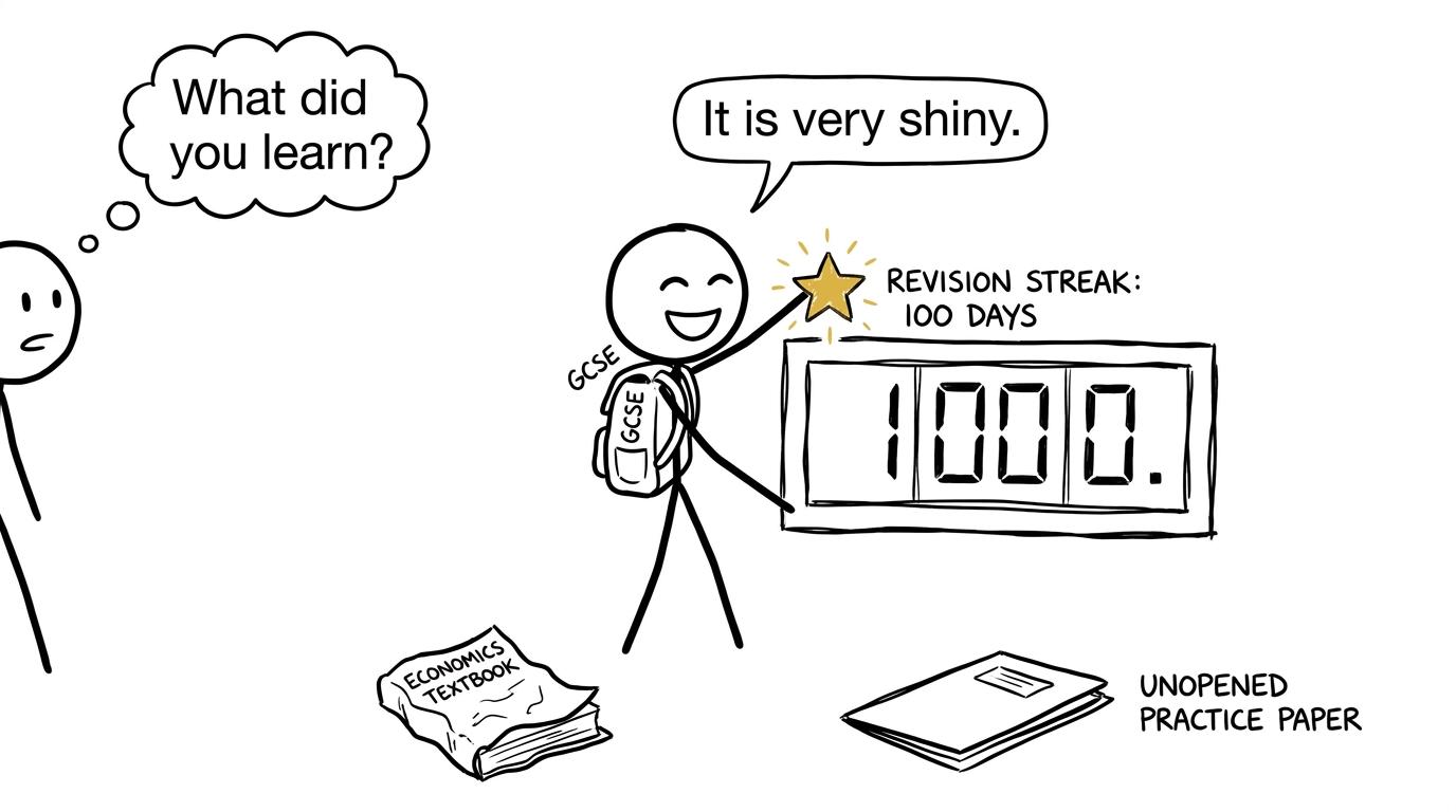 A student admires a shiny revision streak while the practice paper waits