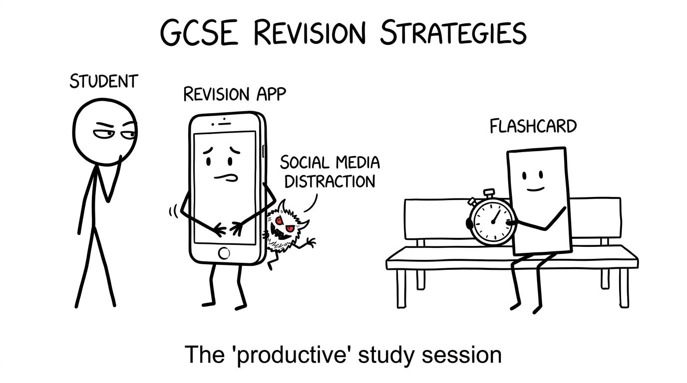 A revision app attempting to hide a distraction while a paper card waits with a stopwatch