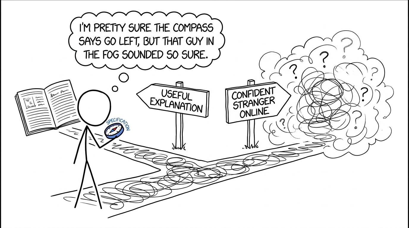 A student choosing between a useful explanation and a confident stranger, guided by the specification