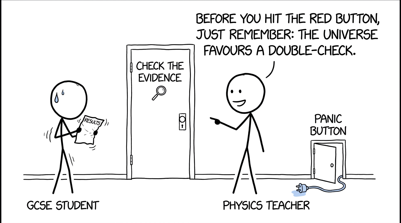 A student choosing between checking evidence and pressing an unplugged panic button