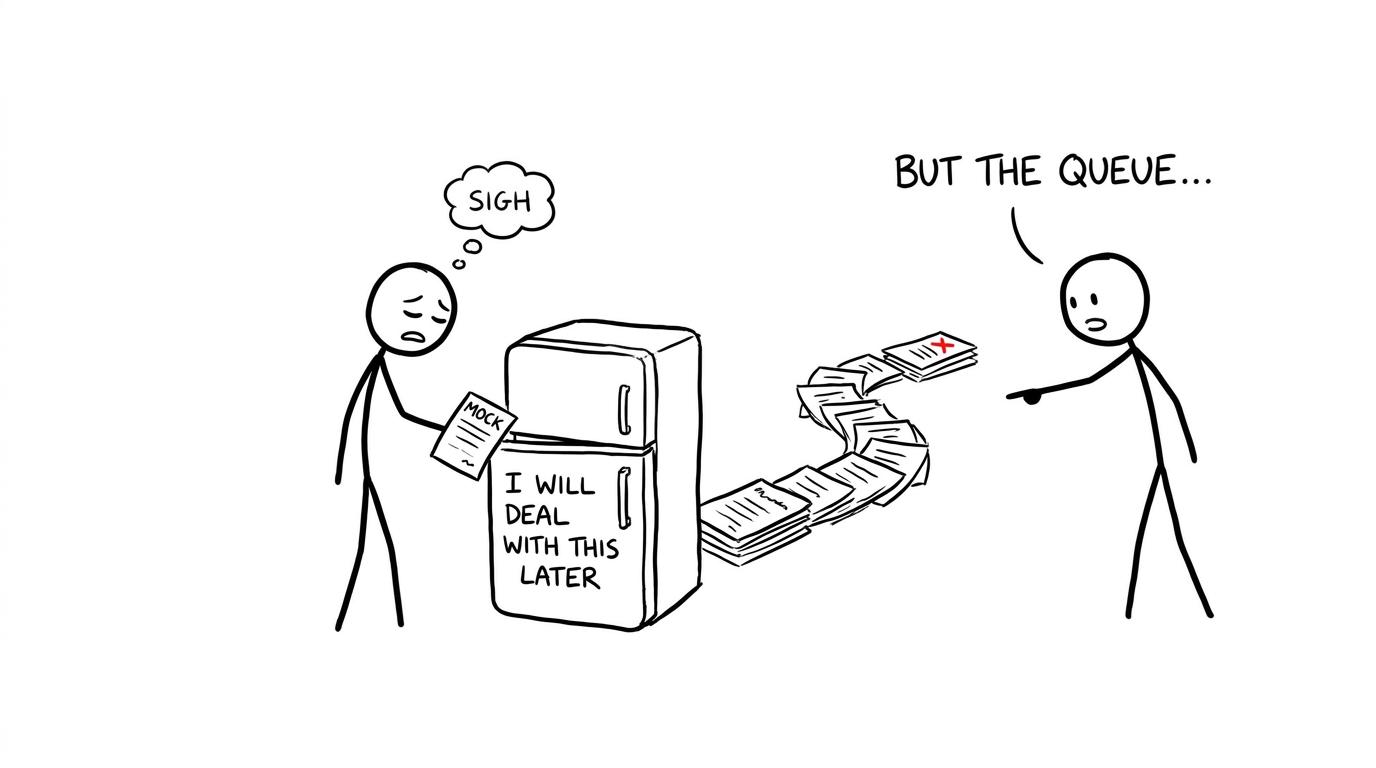 A student stores a mock paper in a tiny later fridge while more papers queue outside