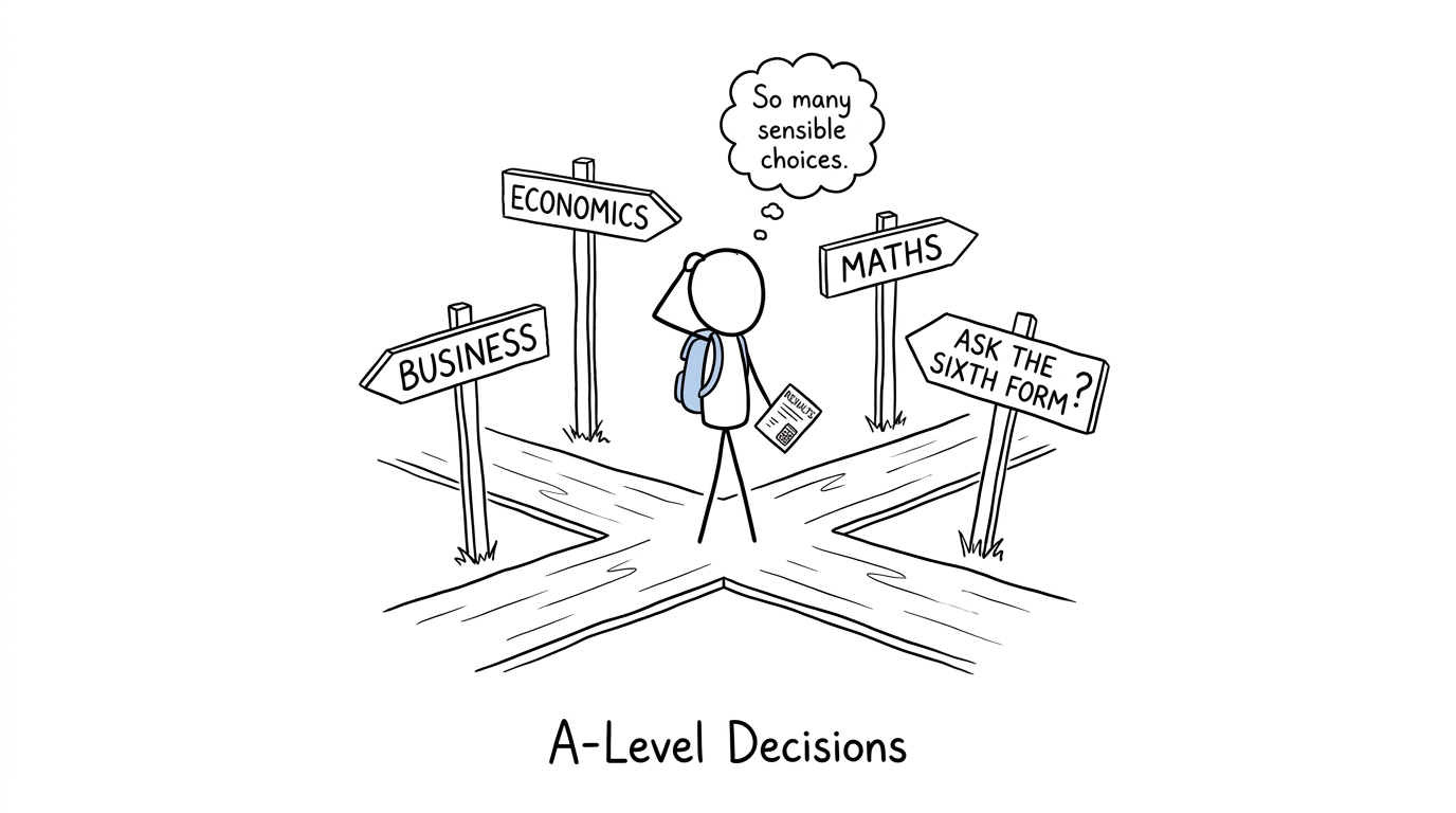 A student faces an unusually sensible set of A-Level signposts