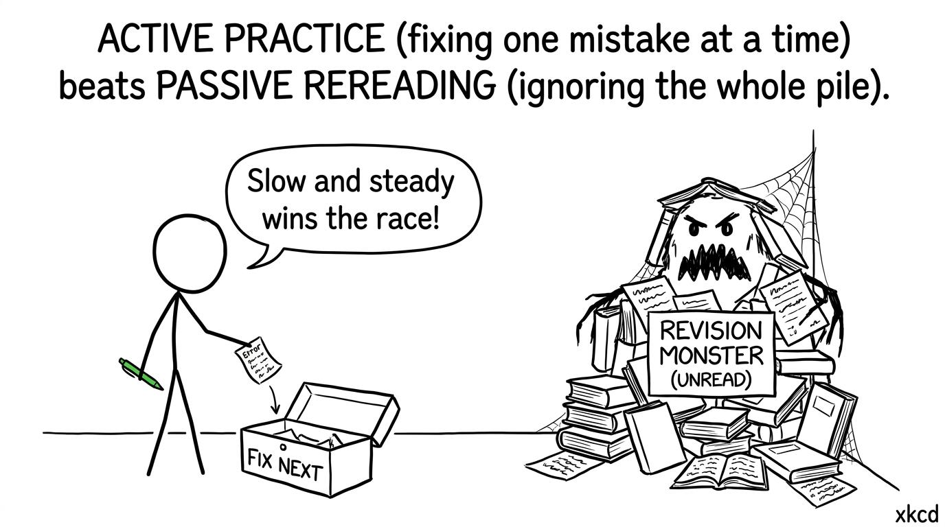 A calm student puts individual errors into a fix-next toolbox