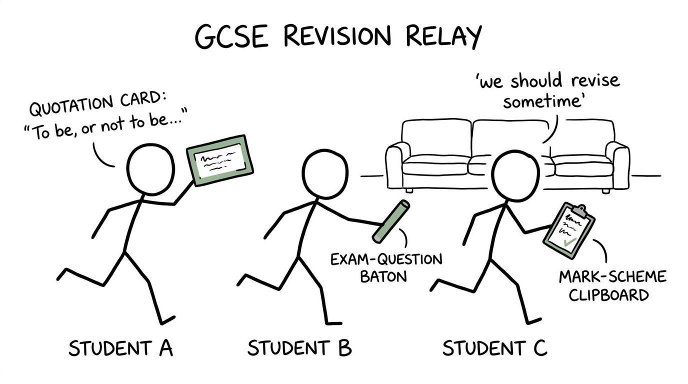 Students run a revision relay with quotation cards, an exam question and a mark scheme