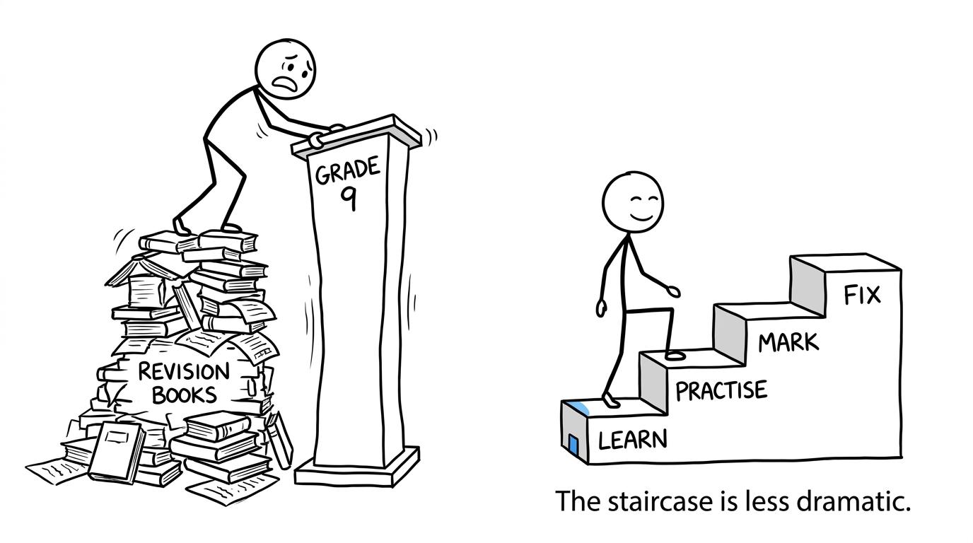 A student chooses a revision staircase instead of climbing a pile of books