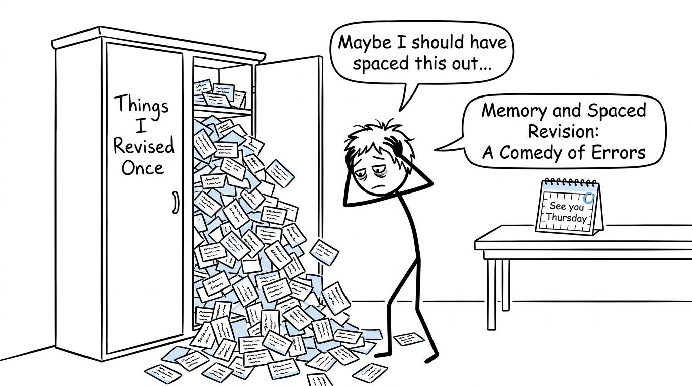 A revision cupboard overflows while a small calendar calmly schedules the next review