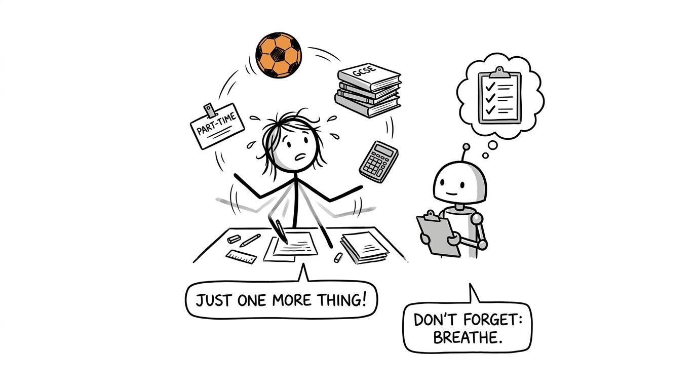 A student juggles sport, work and school while a tiny robot protects the checklist