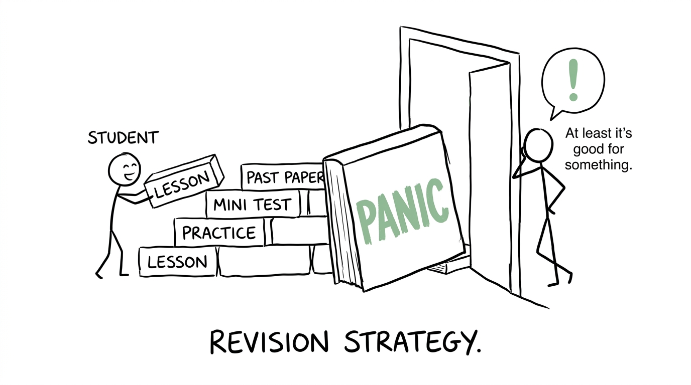 A student builds a calm revision staircase while using panic as a doorstop