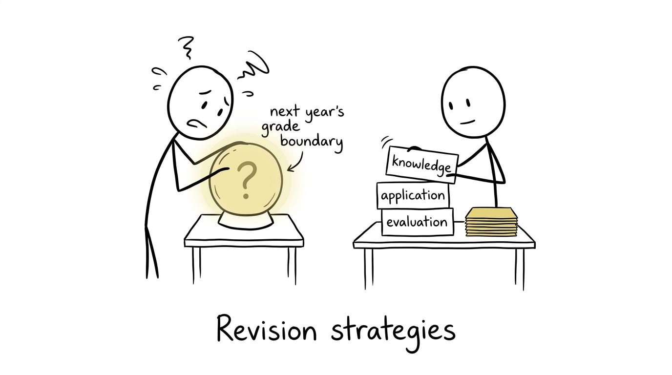 One student consults an unhelpful grade-boundary crystal ball while another builds revision knowledge