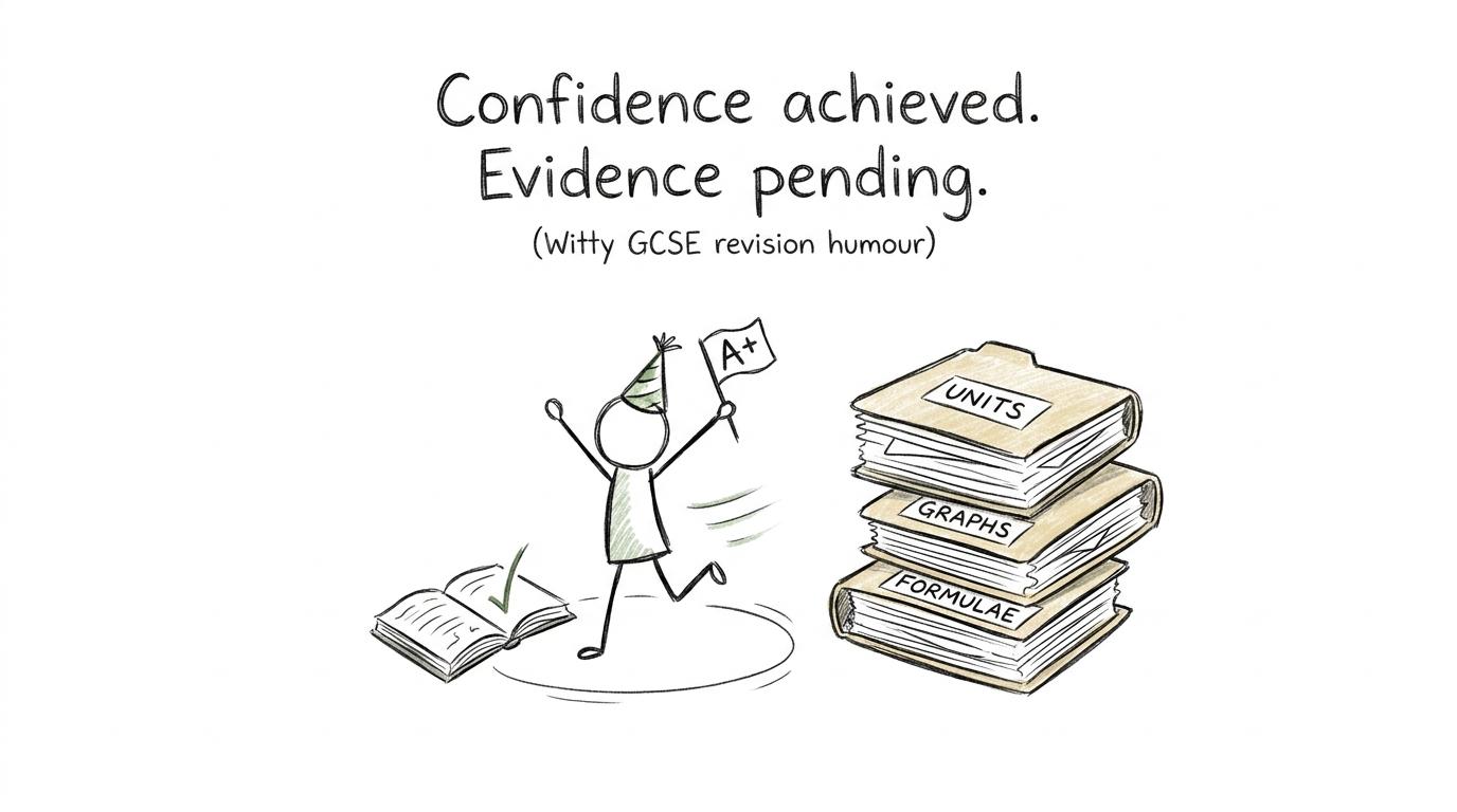 A student celebrates one easy answer while unopened revision folders wait nearby