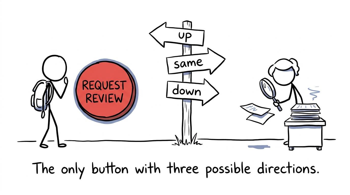 A student facing a review button with three possible directions