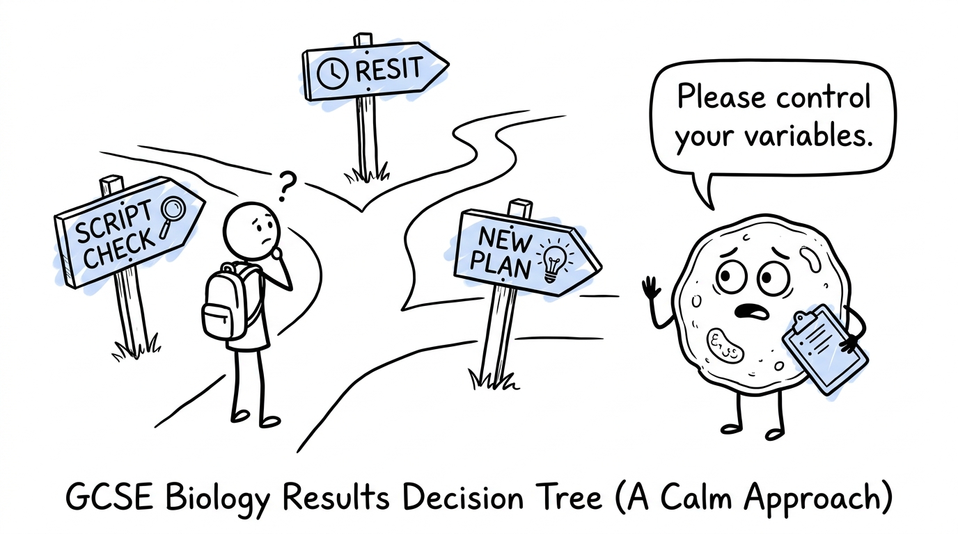 A student chooses calmly between checking a script, resitting and making a new plan