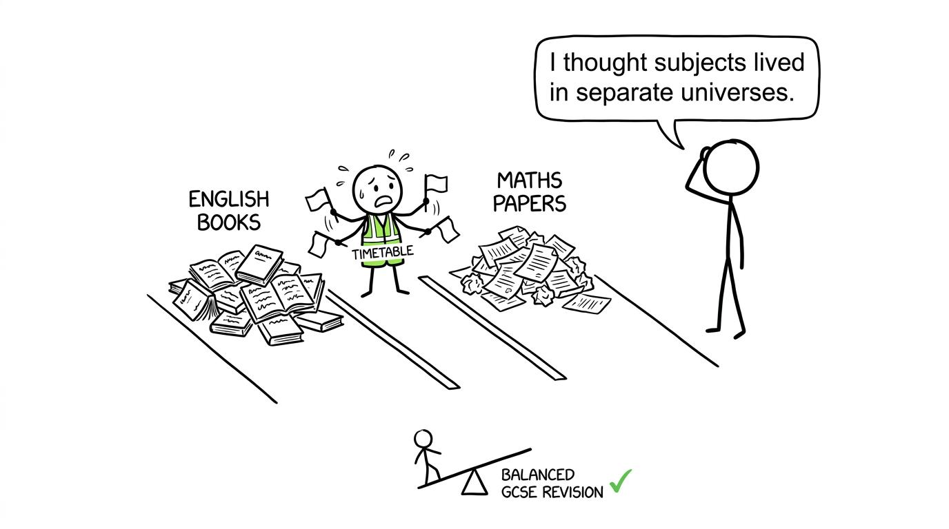 A revision timetable attempts to keep English books and maths papers moving in orderly lanes