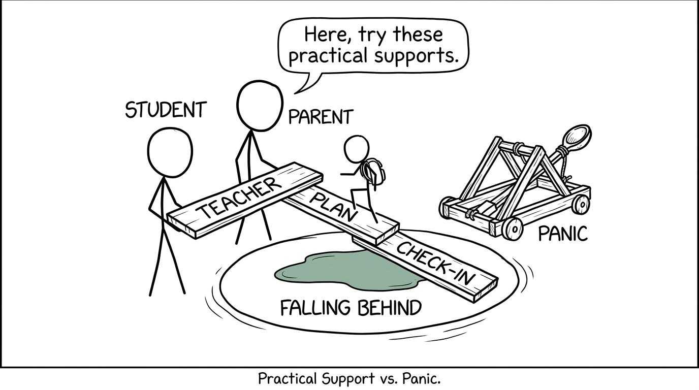 A student and parent build a practical bridge while leaving the panic catapult unused