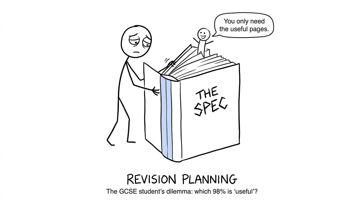 A student discovers that the useful part of a large specification can be marked with a small bookmark