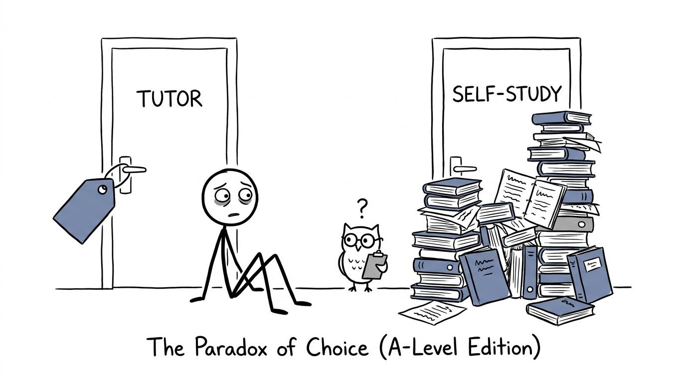 A student choosing between tutoring and self-study while an owl looks uncertain