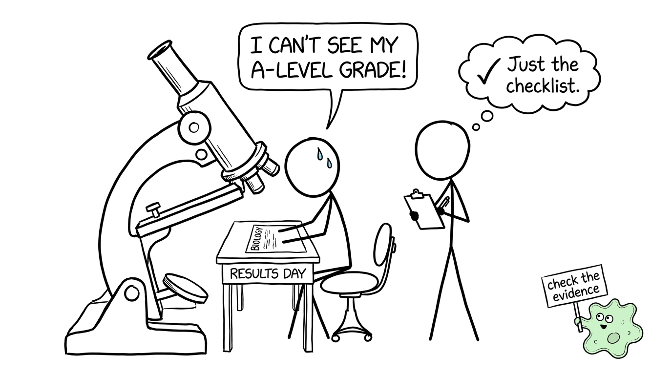 A student examining a results slip through an enormous microscope while an exams officer holds a checklist