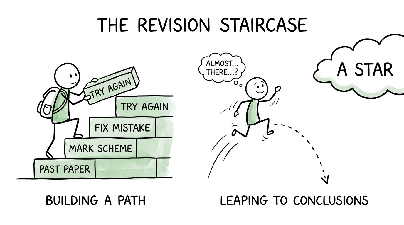 A student builds a revision staircase while someone tries to leap straight to an A star