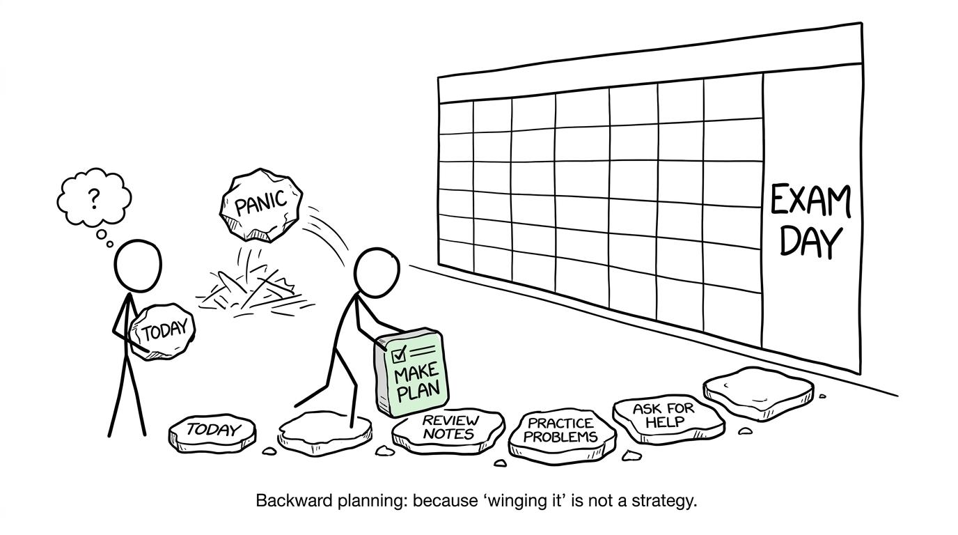 A student replacing panic with stepping stones leading backwards from exam day