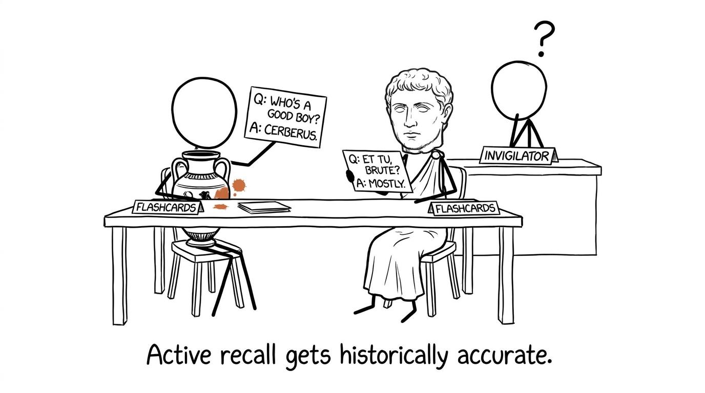 A Greek vase and Roman statue using flashcards while a student acts as invigilator