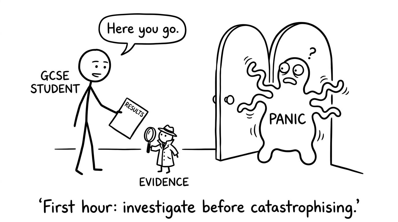 A student calmly investigates a surprising result while panic waits outside