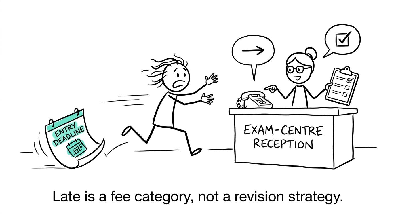 A student chasing an entry deadline towards an exam-centre desk