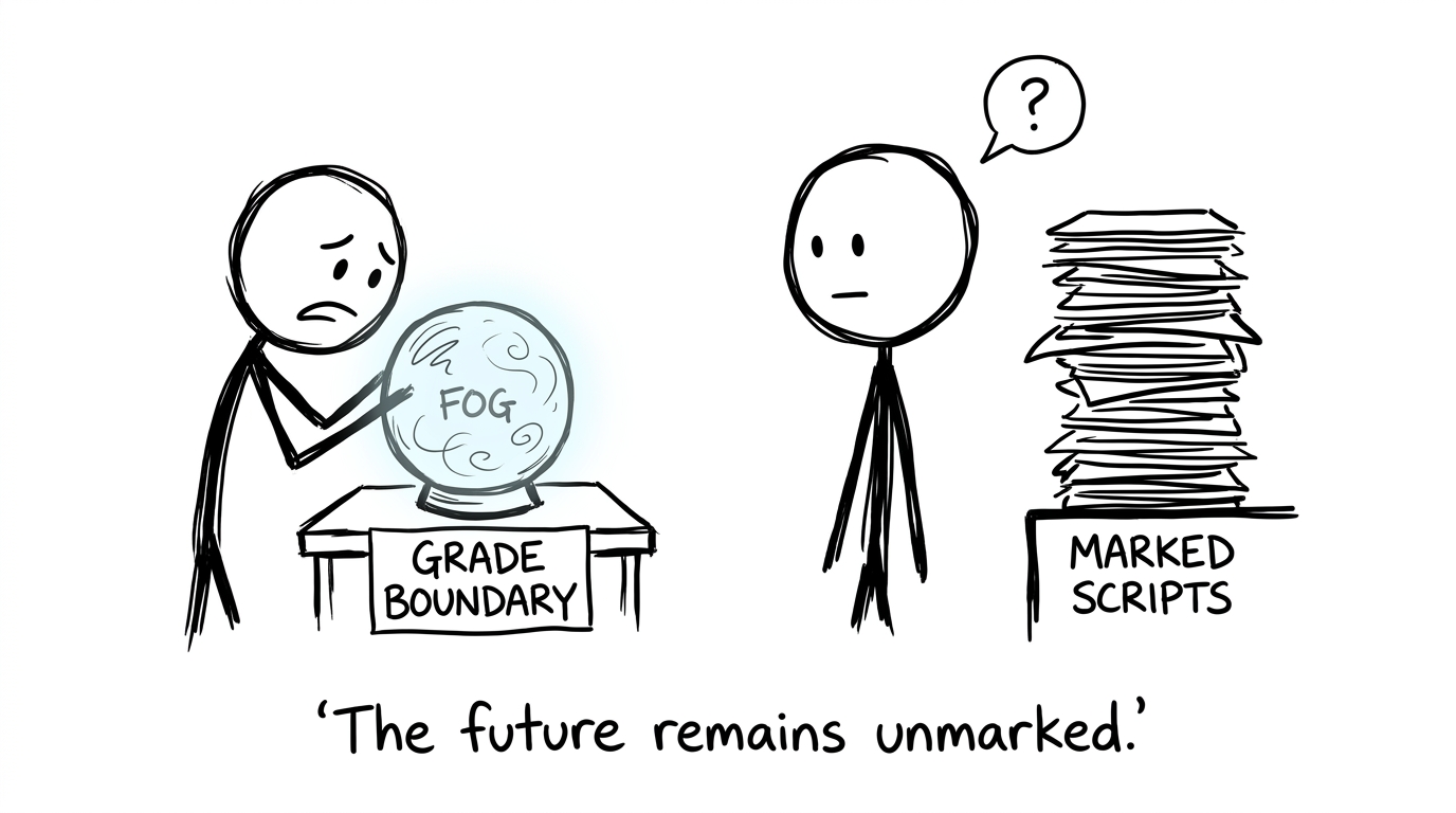 A student consulting a foggy grade-boundary crystal ball beside an examiner's pile of scripts