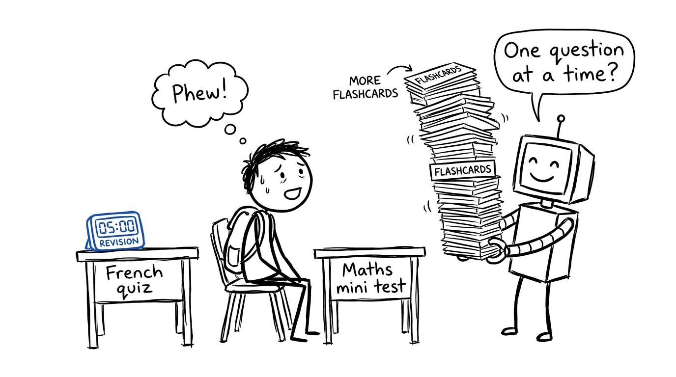 A student balancing a French quiz and maths revision while a robot offers one flashcard at a time