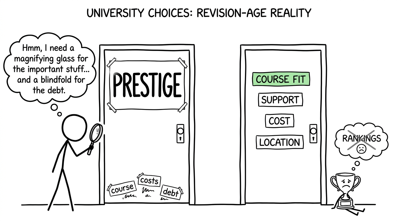 A student examines course fit, support, cost and location while a university rankings trophy sulks nearby
