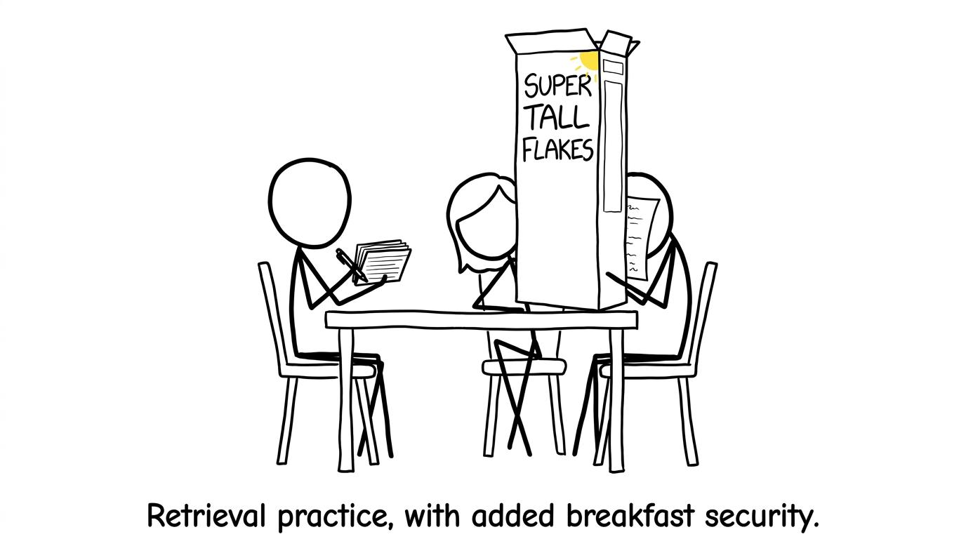 A cereal box protects the answers during sibling retrieval practice