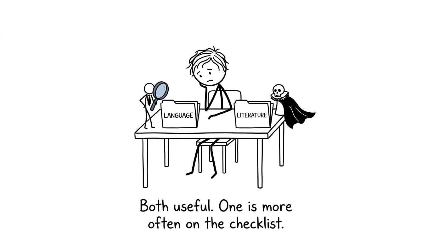 A student comparing English Language and Literature while an employer examines the application checklist