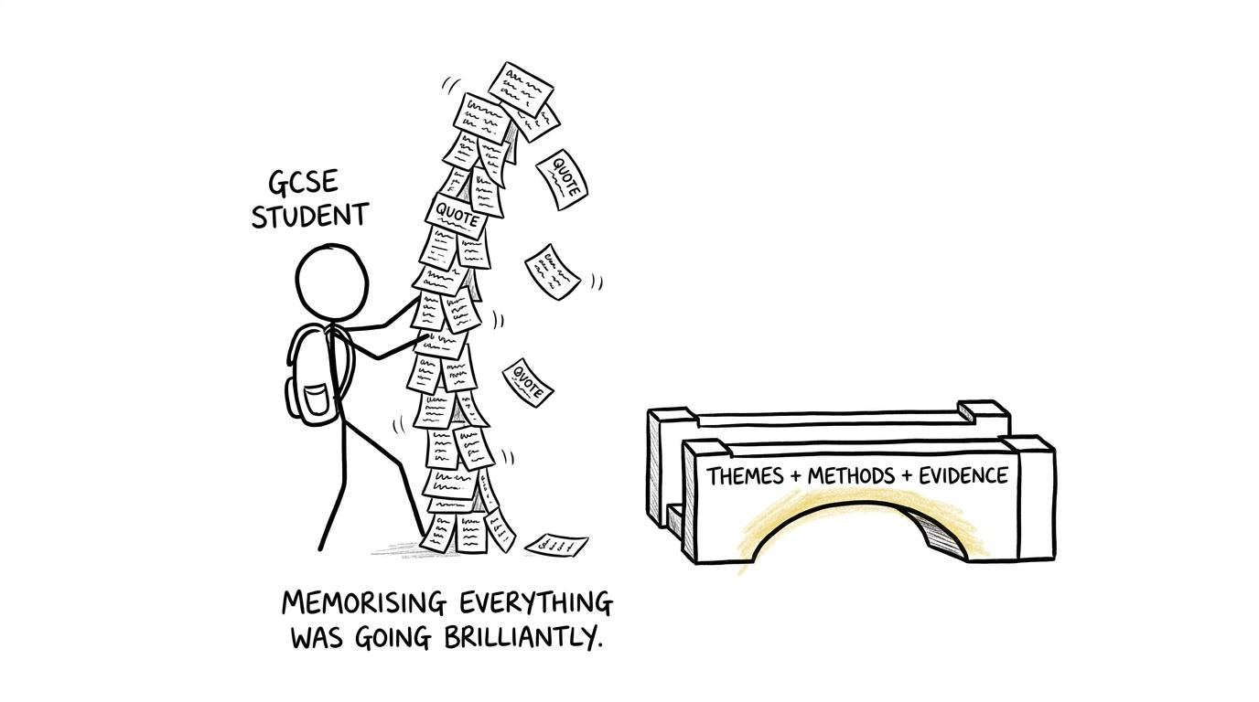 A wobbly tower of quotation cards beside a sturdy bridge built from themes, methods and evidence