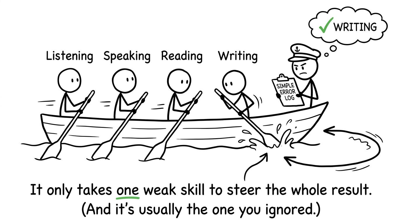 Listening, speaking, reading and writing rowing the same revision boat