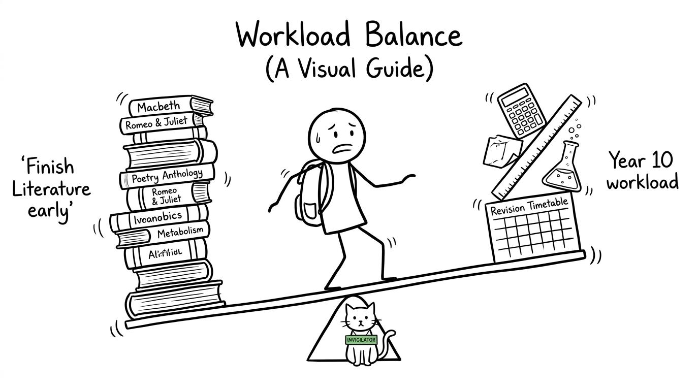 A student balancing English books against the rest of the GCSE workload