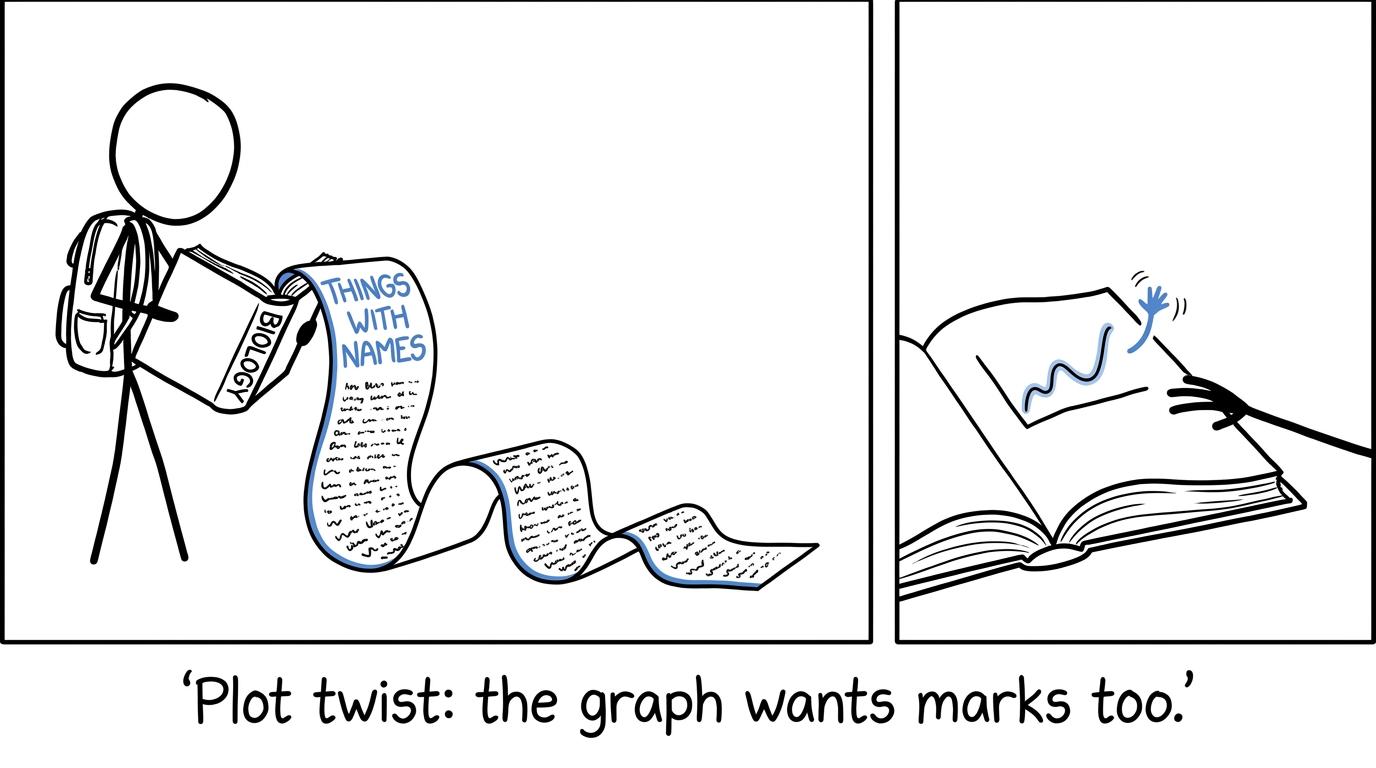 A very long list of biological names is interrupted by a graph looking for marks