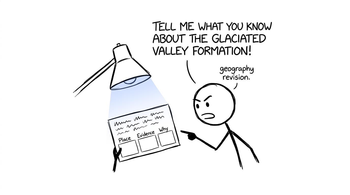 A student questions a suspiciously vague geography case-study card