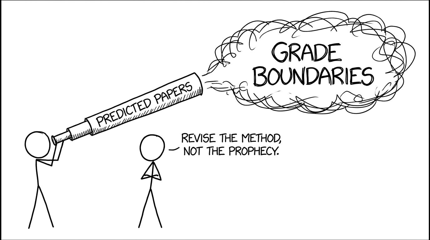 Stick figures using a telescope labelled Predicted Papers towards a cloud labelled Grade Boundaries