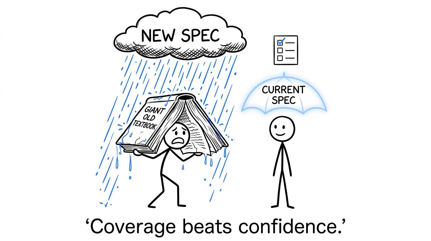 A current specification checklist shelters a student from the new-spec rain