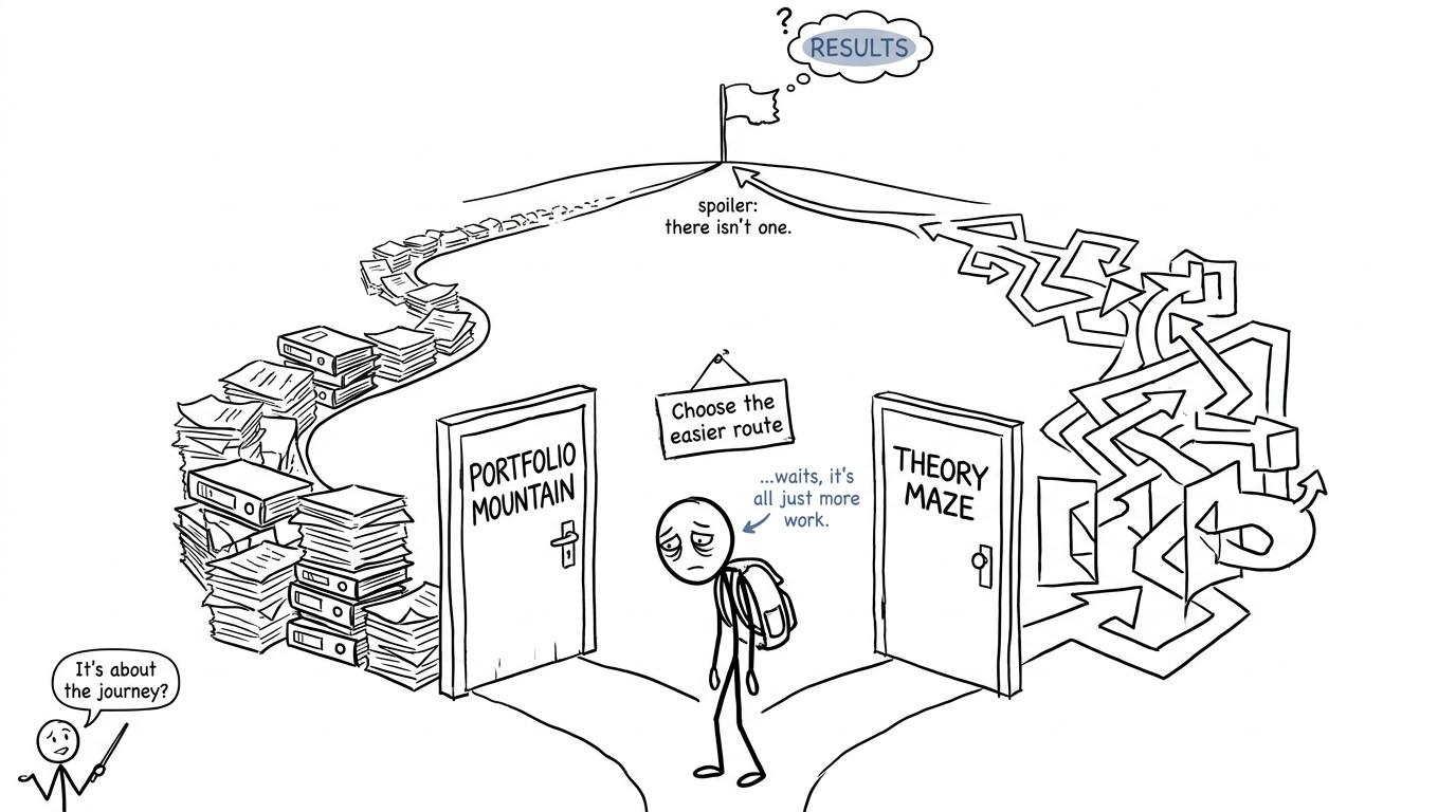 A student discovers that the portfolio mountain and theory maze both lead uphill