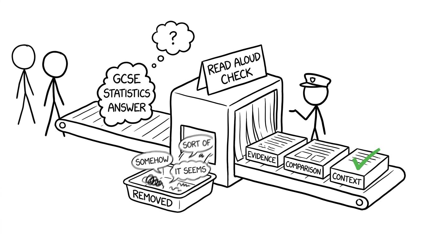 A playful read-aloud security check removes vague words and unsupported leaps