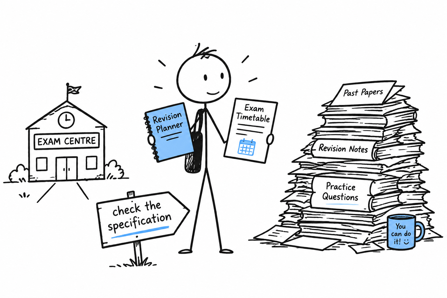 An adult private candidate calmly navigating an exam centre, revision papers and a reminder to check the specification