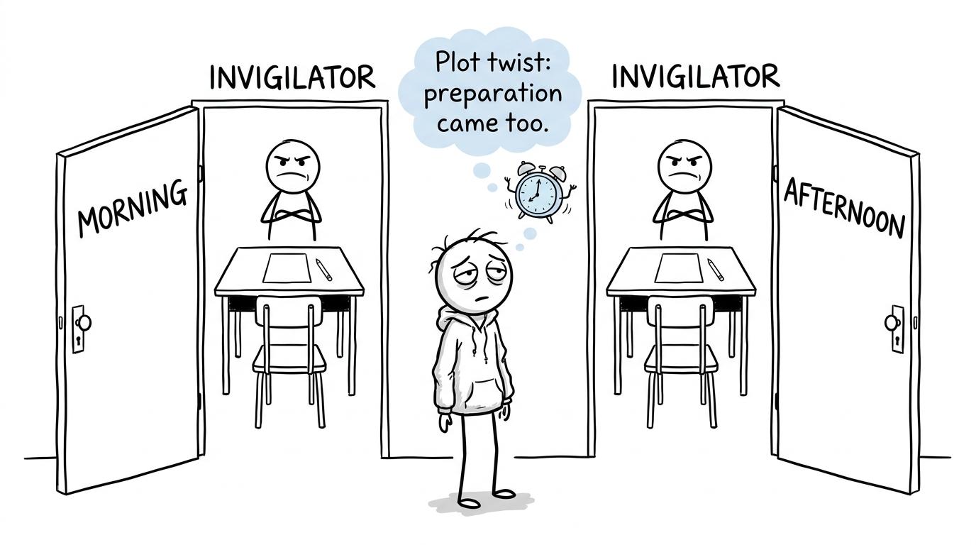 A student discovers that preparation follows them into both morning and afternoon exams