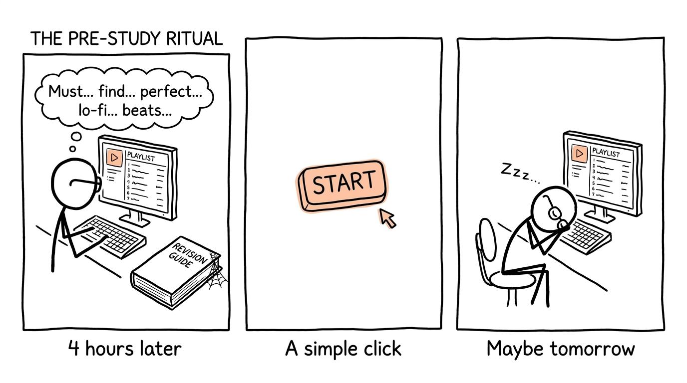 A student perfecting a playlist while the revision book waits