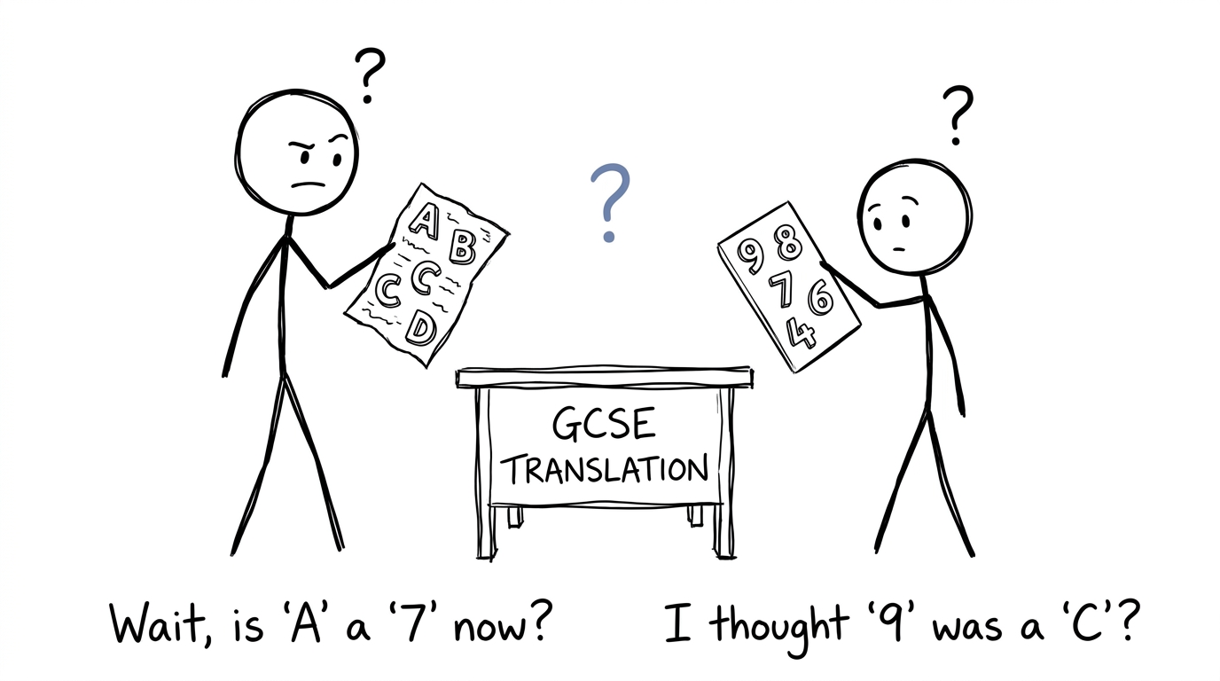A parent and student trying to translate two GCSE grading languages