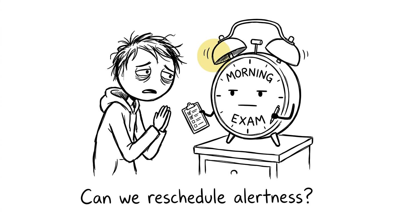 A sleepy student attempts to negotiate with a morning exam alarm clock